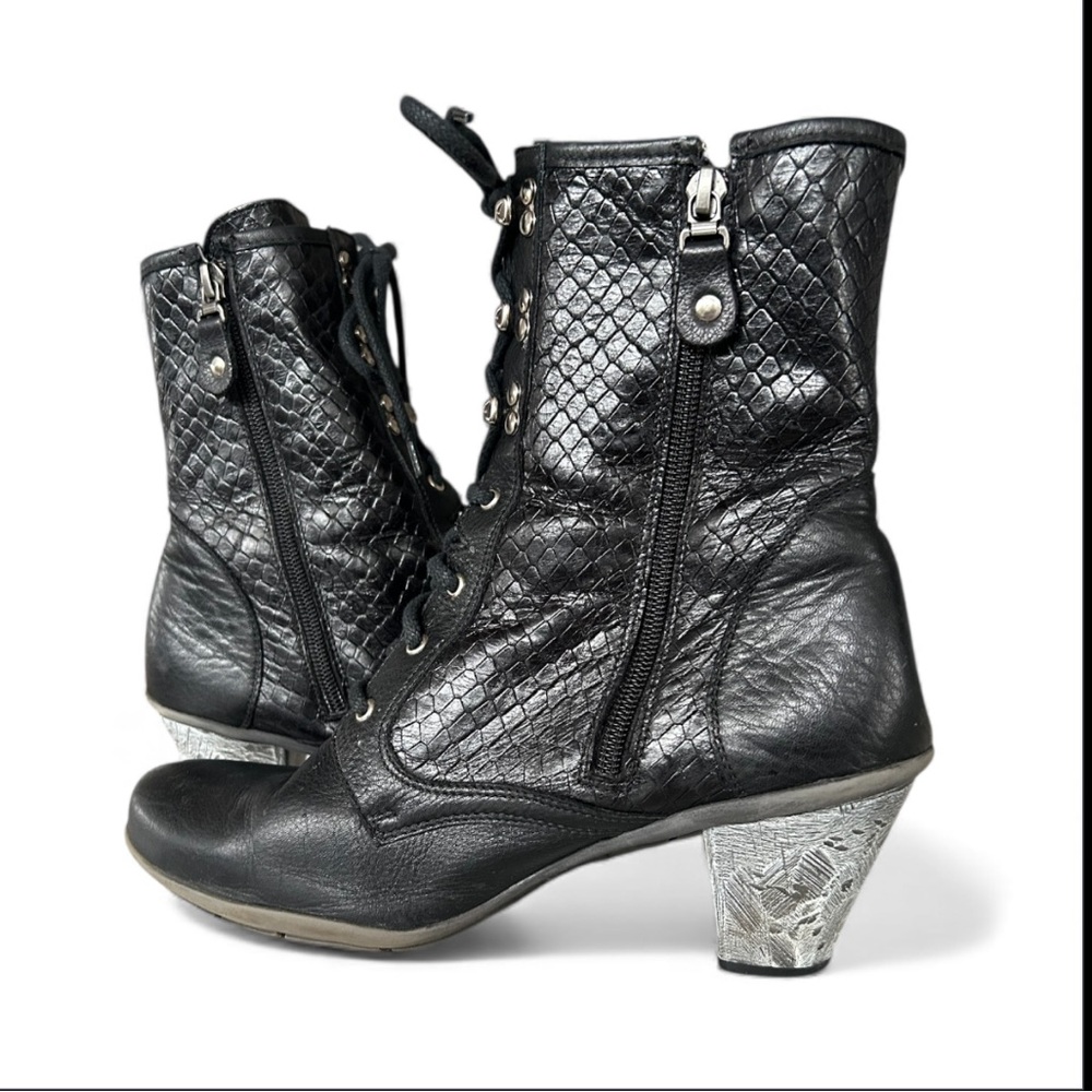 Maciejka Leather Embossed Boss Babe Lace Up Combat Heeled Black Grunge Boots
